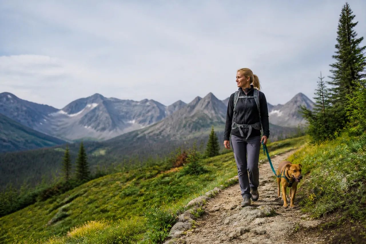 Chien en laisse sur un sentier de parc régional pyrénéen