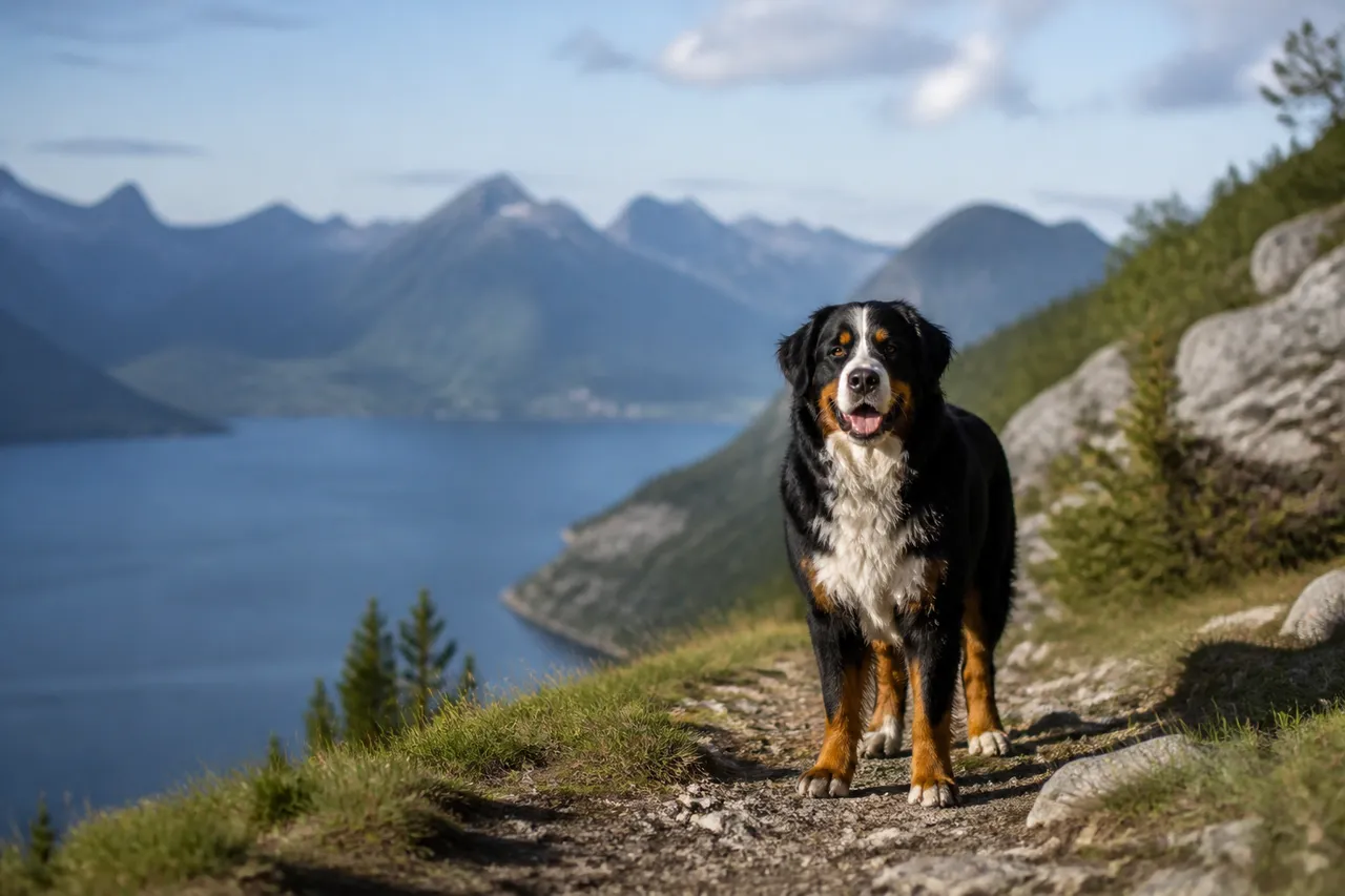 Chien en laisse près d’un lac des Pyrénées