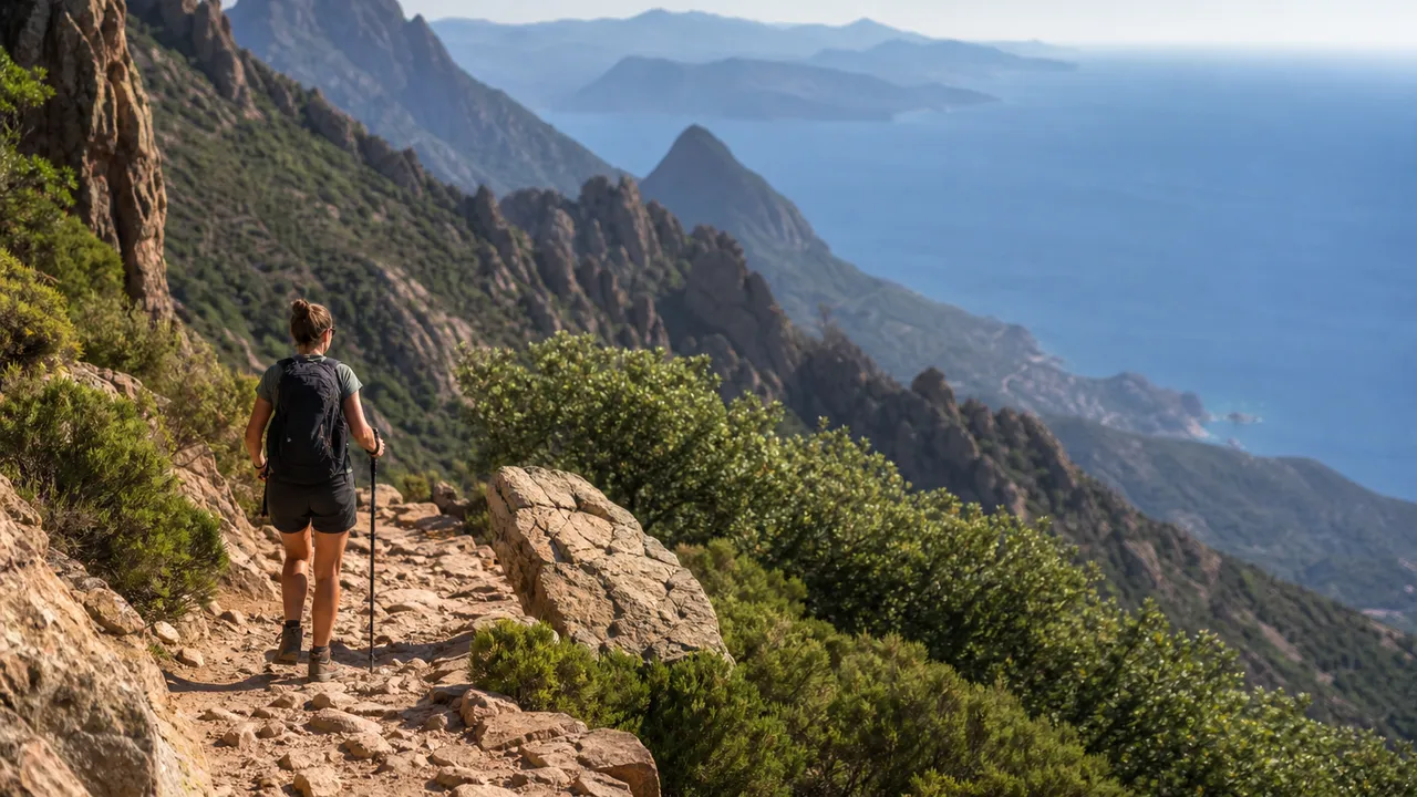 Randonnées en Corse : un randonneur sur un sentier de montagne face à la mer