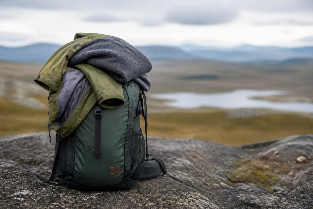 Sac de randonnée avec veste de pluie et polaire